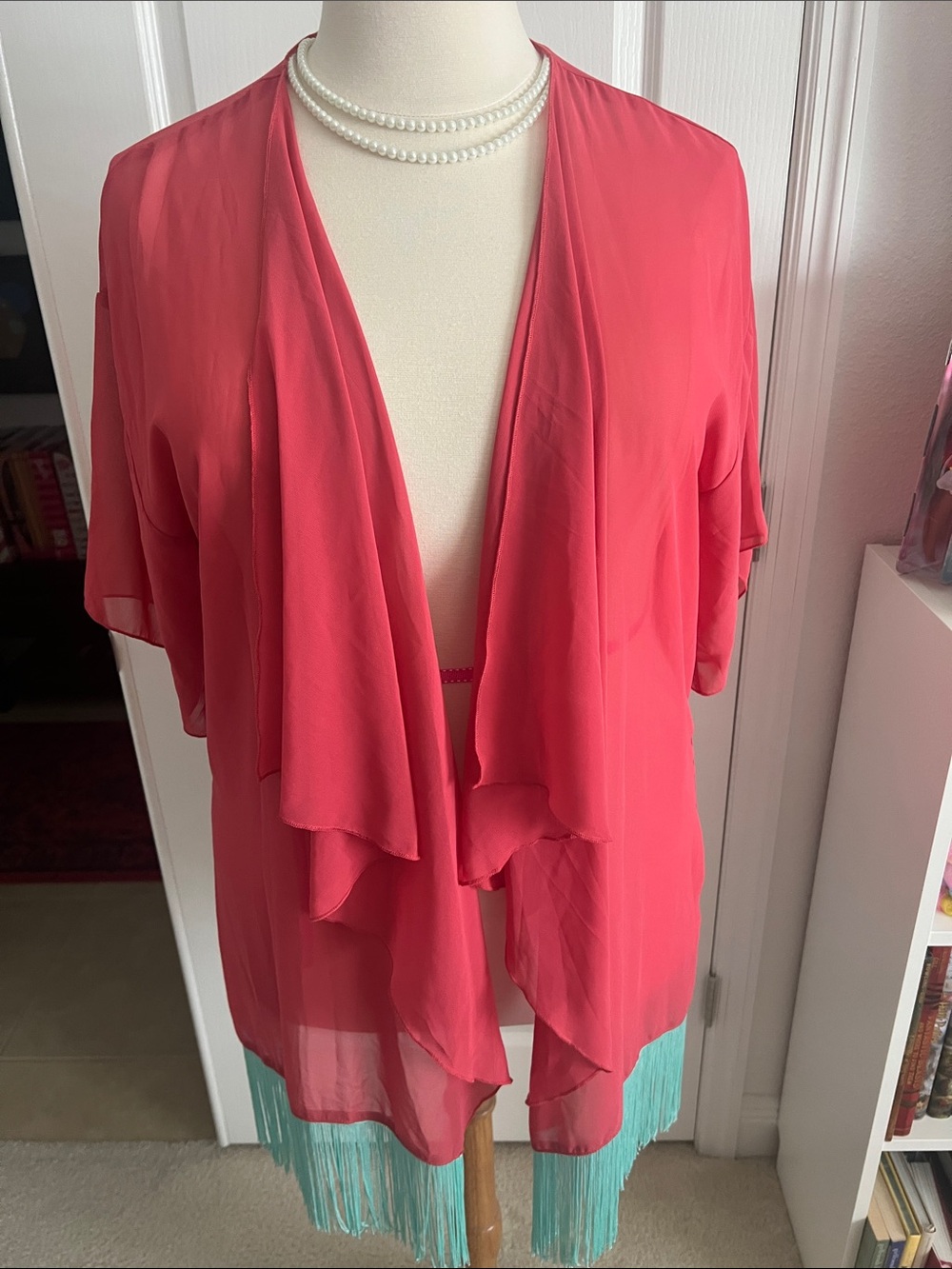 LuLaRoe Coral Open-Front Teal Fringe kimono Poncho
